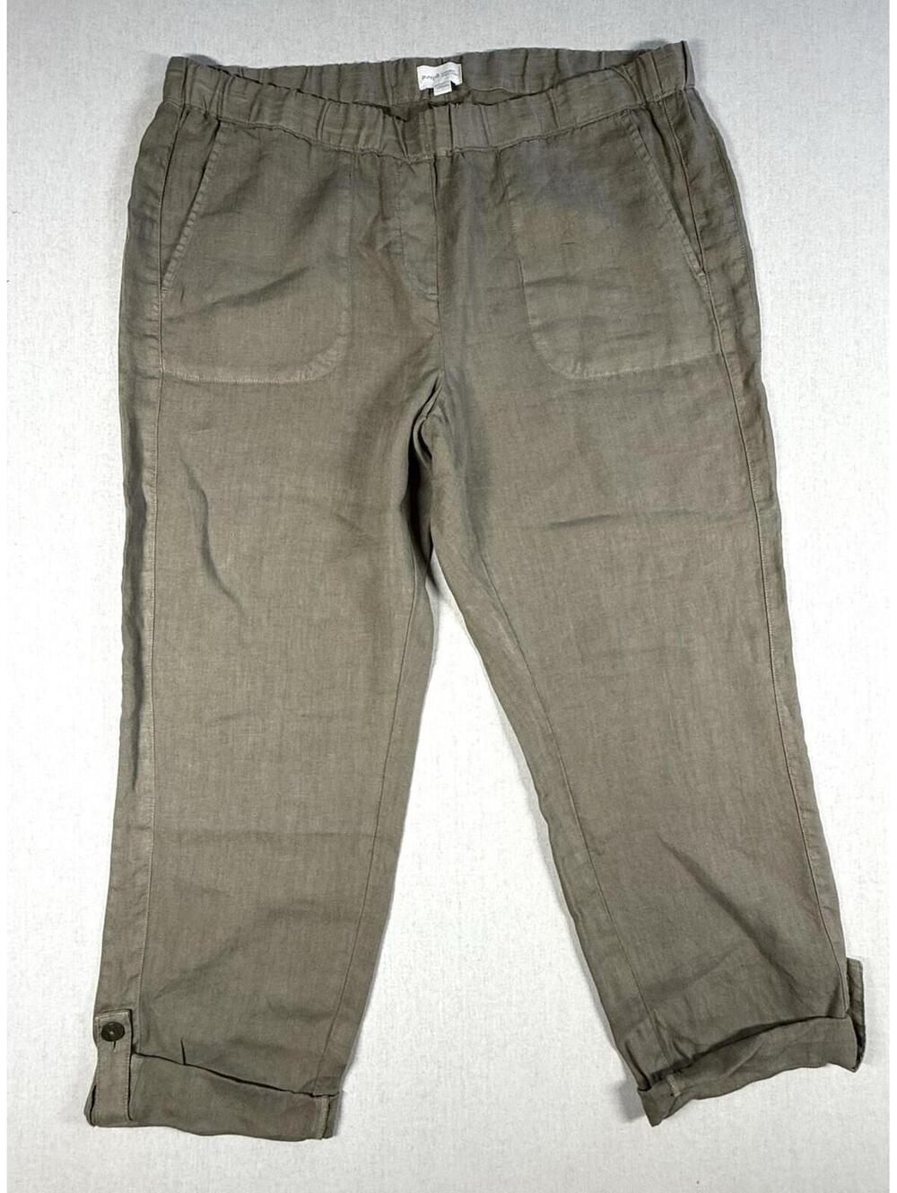 J. Jill/Pure Jill 100% Linen Crop Pant Sz L Tan‎ Pull-On Roll-Tab Lagenlook Boho